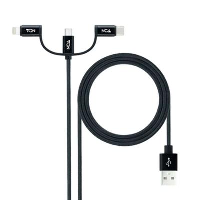 NANOCABLE 10.01.3200 3-in-1 USB-kabel, USB-A-stekker, gegevens op 3 soorten aansluitingen (USB-C, micro-USB en Apple-apparaten), zwart, 1 m