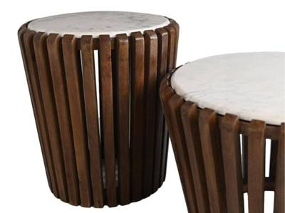 HSM Collection-Ronde Bijzettafel-ø45x50-Bruin|Wit-Mango|Marmer