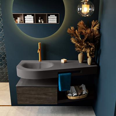 MONDIAZ RIVA 120cm badmeubel onderkast / planchet kleur Dark_Brown met 1 lade. Wastafel DULCET links 1 kraangat kleur Dark_Grey.