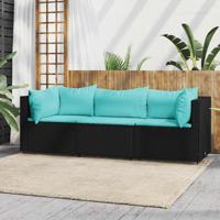 3-delige Loungeset met kussens poly rattan zwart - thumbnail