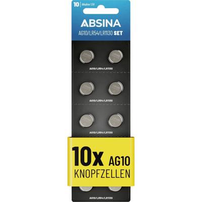 AG10 LR1130 Knoopcellen, verpakking van 10 stuks, 1,5 V alkaline knoopcellen, lekvrij en met lange houdbaarheid, LR54, V10GA / RW49, G10A, 189, GP189, L1130, 89A, knoopcelbatterijen ABSINA