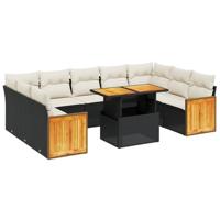 10-delige Loungeset met kussens poly rattan zwart - thumbnail
