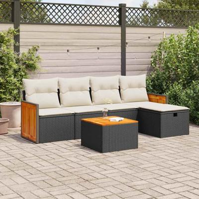 5-delige Loungeset met kussens poly rattan zwart - thumbnail