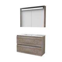 Basic-Line Premium 39 Badkamermeubelset - Ondiep - 100 x 39 cm - Greeploos - 2 Lades - Keramische Wastafel - 1 Kraangat - Spiegelkast met LED Verlichting - Scotch Oak - thumbnail
