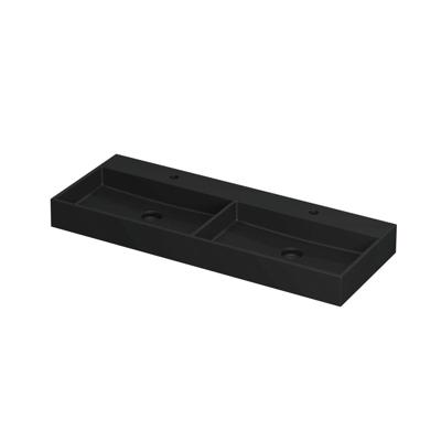 INK United Wastafel Porselein Dubbel met 2 Kraangaten incl. Porseleinen Click Plug en Verborgen Overloop Systeem - 1200x450x110 mm - Mat Zwart