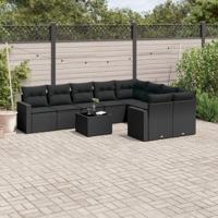 10-delige Loungeset met kussens poly rattan zwart - thumbnail