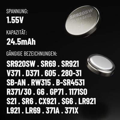 ABSINA SR920SW Horlogebatterij, 1,55 V, zilveroxide, verpakking van 10 stuks, knoopcel SR920SW, lekvrij en lange houdbaarheid, batterij SR920SW / LR921 / 371/370 / LR69 / AG6 - SR 920 SW horloges,