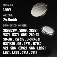 ABSINA SR920SW Horlogebatterij, 1,55 V, zilveroxide, verpakking van 10 stuks, knoopcel SR920SW, lekvrij en lange houdbaarheid, batterij SR920SW / LR921 / 371/370 / LR69 / AG6 - SR 920 SW horloges, - thumbnail