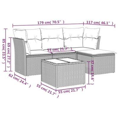 5-delige Loungeset met kussens poly rattan zwart - thumbnail