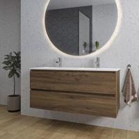 Saniclass Chaci Badkamermeubelset - 120x46x55cm - keramische wastafel wit - 2 wasbakken - 2 kraangaten - 2 lades - ronde spiegel met verlichting - noten (hout) SW1212779/SW804533/SW161923 - thumbnail