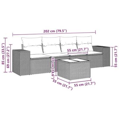 5-delige Loungeset met kussens poly rattan lichtgrijs