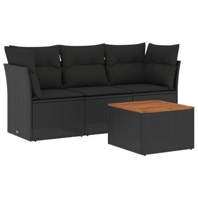 4-delige Loungeset met kussens poly rattan zwart
