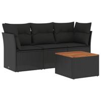 4-delige Loungeset met kussens poly rattan zwart - thumbnail