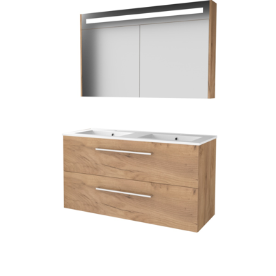Basic-Line Premium 46 Badkamermeubelset - 120 x 46 cm - Met Grepen - 2 Lades - Keramische Wastafel - 2 Kraangaten - Spiegelkast met LED Verlichting - Whisky Oak