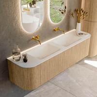Mondiaz KURVE 170 cm Onderkast Greeploos 1 Lade Met Deuren Oak, Wastafel Solid Surface Dubbel Talc 0 Kraangaten Zonder Spiegel (KRVCLO170L+R1L2D0KD-Oak/Tal) - thumbnail