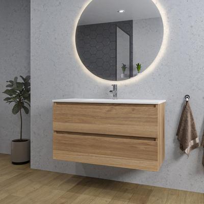 Saniclass Chaci Badkamermeubelset - 100x46x55cm - keramische wastafel wit - 1 wasbak - 1 kraangat - 2 lades - ronde spiegel met verlichting - eiken SW1212774/SW804532/SW161922 Saniclass Chaci Badkamermeubelset - 100x46x55cm - keramische wastafel wit - 1 wasbak - 1 kraangat - 2 lades - ronde spiegel met verlichting - eiken SW1212774/SW804532/SW161922