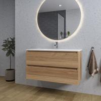 Saniclass Chaci Badkamermeubelset - 100x46x55cm - keramische wastafel wit - 1 wasbak - 1 kraangat - 2 lades - ronde spiegel met verlichting - eiken SW1212774/SW804532/SW161922 - thumbnail