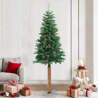 Kerstboom met echt hout en dennenappels smal 210 cm PVC groen