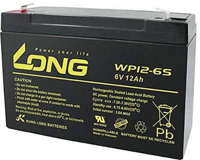 Long WP12-6S Loodaccu 6 V 12 Ah Loodvlies (AGM) (b x h x d) 151 x 99 x 50 mm Kabelschoen 4.8 mm Geringe zelfontlading, Onderhoudsvrij