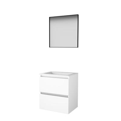 Basic-Line Framed 46 Badkamermeubelset - 60 x 46 cm - Greeploos - 2 Lades - Acryl Wastafel - 1 Kraangat - Spiegel met Zwart Aluminium Frame - Ice White