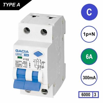GACIA aardlekautomaat 1p+n C 6A 300mA 6kA L80M-C06