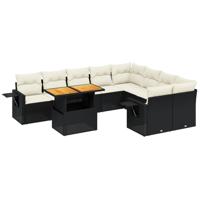 10-delige Loungeset met kussens poly rattan zwart - thumbnail