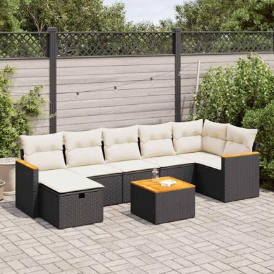 7-delige Loungeset met kussens poly rattan zwart