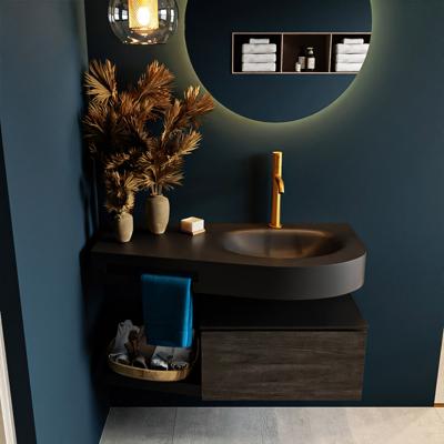 MONDIAZ RIVA 100cm badmeubel onderkast / planchet kleur Dark_Brown met 1 lade. Wastafel DULCET rechts 1 kraangat kleur Urban.