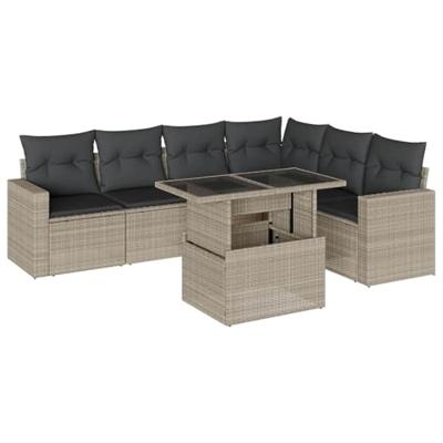7-delige Loungeset met kussens poly rattan lichtgrijs