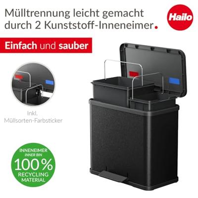 Hailo öko duo plus L 6302600 Afvalbak 26 l Plaatstaal (l x b x h) 470 x 470 x 430 mm Zwart Met voetpedaal 1 stuk(s) - thumbnail