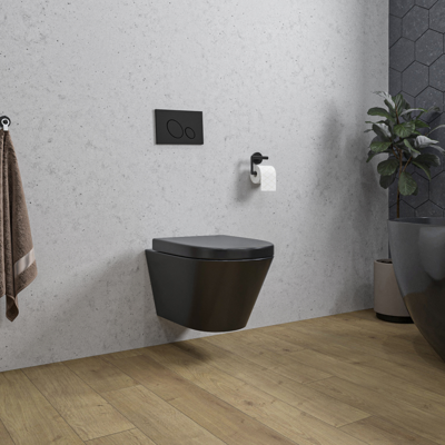 Wiesbaden Wandcloset Stereo Rimless Met Vesta Toiletzitting Mat Zwart