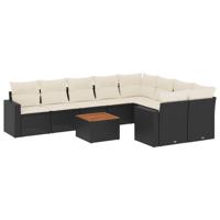 10-delige Loungeset met kussens poly rattan zwart - thumbnail