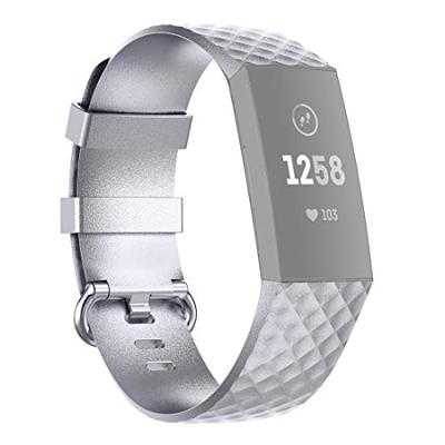 By Qubix - Compatible met Fitbit Charge 3 - Fitbit Charge 4 siliconen diamant pattern bandje - Maat: Large - Zilver - Compatible fitbit bandje