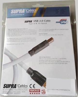 Supra: USB 2.0 A-B kabel - 3 meter Supra: USB 2.0 A-B kabel - 3 meter