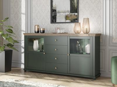 Dressoir EVOCO 2 deuren en 4 lades ribbec eik/groen met led