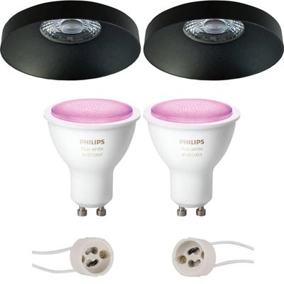 GU10 Inbouwspot Set - Mat Zwart - Inbouw Rond - Philips Hue - White and Color Ambiance - Bluetooth - Pragmi Vrito Pro - Ø82mm