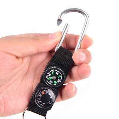 3 in 1 Camping klimmen wandelen mini Karabijnhaak met sleutelhanger kompas thermometer hanger sleutel ring zwart