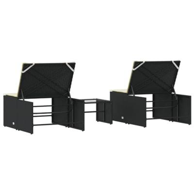 Ligbedden 2 st met tafel poly rattan zwart - thumbnail