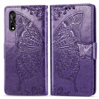 Voor vivo Y7s/S1 Butterfly Love bloemen reliëf horizontale Flip lederen draagtas met houder & kaartsleuven & portemonnee & Lanyard (donker paars) - thumbnail