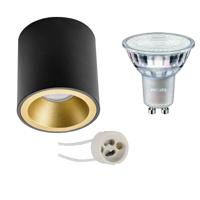 Opbouwspot Set - Pragmi Cliron Pro - GU10 Fitting - Opbouw Rond - Mat Zwart/Goud - Verdiept - Ø90mm - Philips - MASTER 927 36D VLE - 3.7W - Warm Wit 2200K-2700K - DimTone Dimbaar - thumbnail