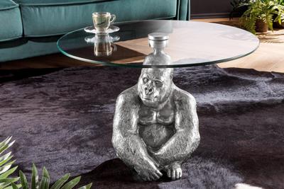 Ronde salontafel WILDLIFE KONG 60cm zilver metaal glazen aap beeldje gorilla sculptuur handgemaakt - 45435