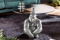 Ronde salontafel WILDLIFE KONG 60cm zilver metaal glazen aap beeldje gorilla sculptuur handgemaakt - 45435 - thumbnail