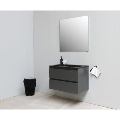 On-Line Badkamermeubelset - 80 cm - Voorgemonteerd - Ladestructuur - Acryl Wastafel - zonder Kraangat - Spiegel - Mat Antraciet