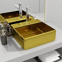 VidaXL Wastafel met overloop 41x41x15 cm keramiek goudkleurig - thumbnail