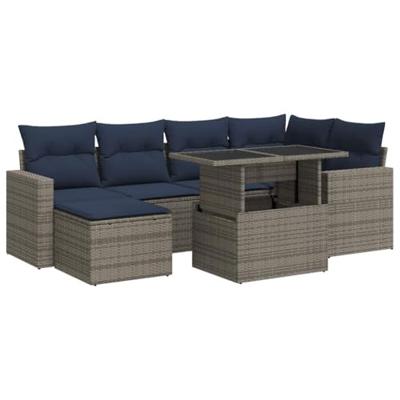 7-delige Loungeset met kussens poly rattan acacia grijs