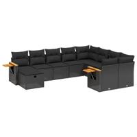 10-delige Loungeset met kussens poly rattan zwart - thumbnail
