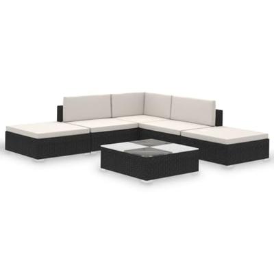 6-delige Loungeset met kussens poly rattan zwart