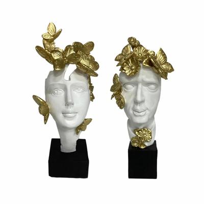 Decoratieve figuren DKD Home Decor Wit Gouden Gezicht 14 x 11 x 32 cm (2 Stuks)
