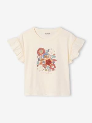 T-shirt met geborduurde bloemen voor meisjes, korte mouwen met volant ecru