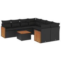 9-delige Loungeset met kussens poly rattan zwart - thumbnail